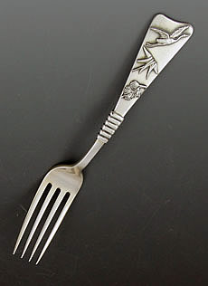 Shiebler antique sterling silver youth fork with applied Japanese motifs